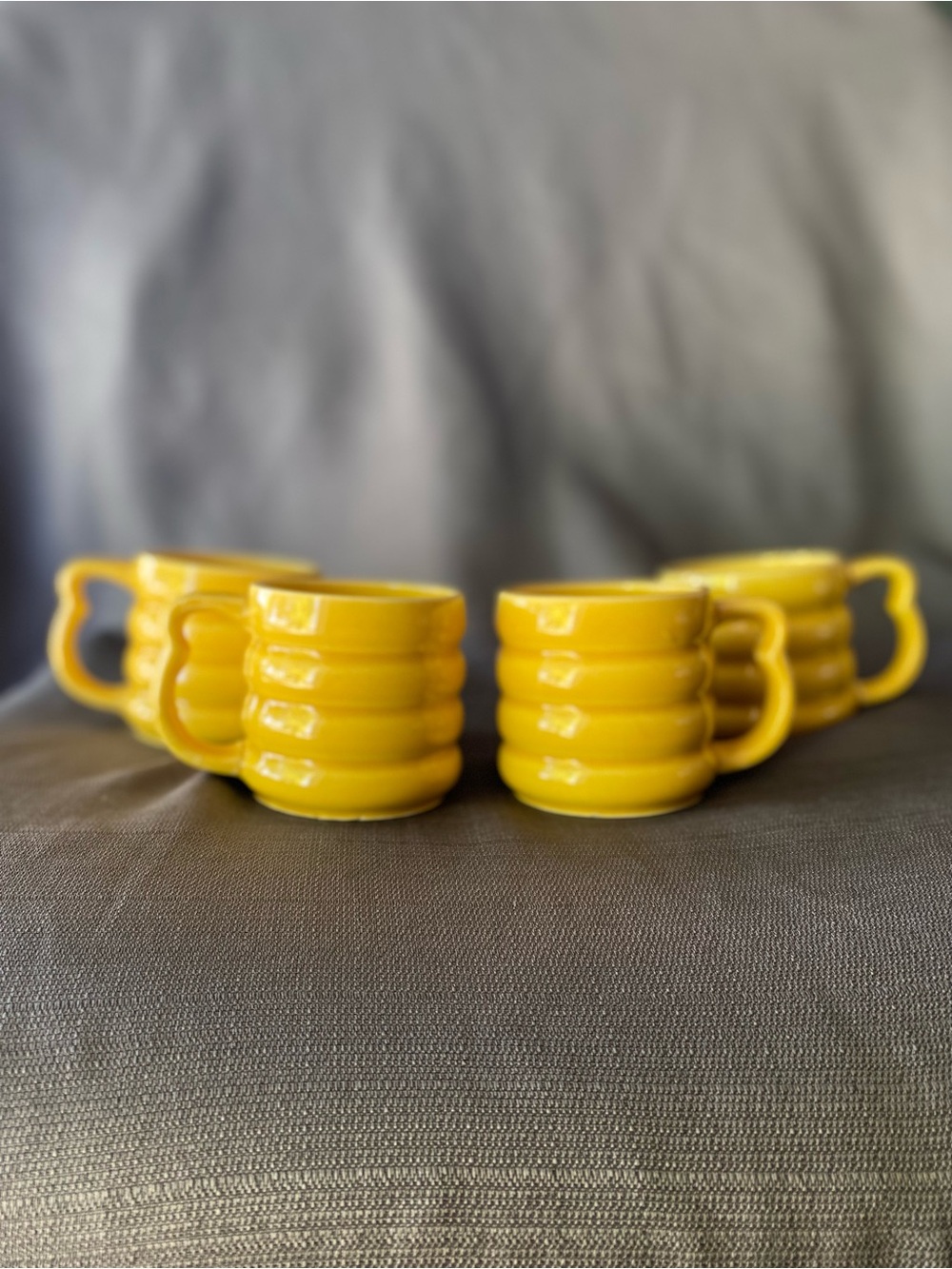 Vintage Yellow Ribbed Mugs Set of 4 Made in Japan Ceramic Heart Handle